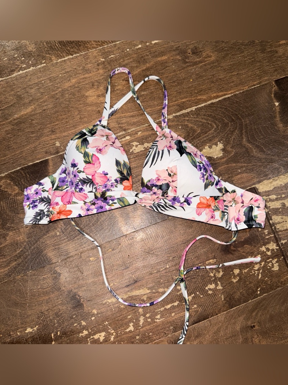 Shade & Shore White Floral Bikini Top with Pink & Purple Blooms